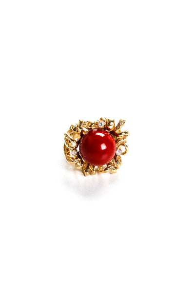 Designer Womens 18K Yellow Gold Red Coral Diamond Accent Cocktail Ring Size 7.5