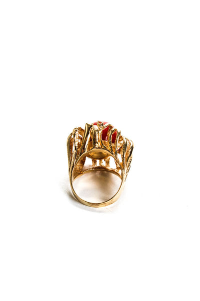 Designer Womens 18K Yellow Gold Red Coral Diamond Accent Cocktail Ring Size 7.5