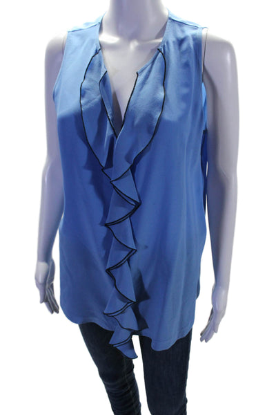 Her Shirt Womens Silk Sleeveless V-neck Ruffled Front Blouse Blue Size L