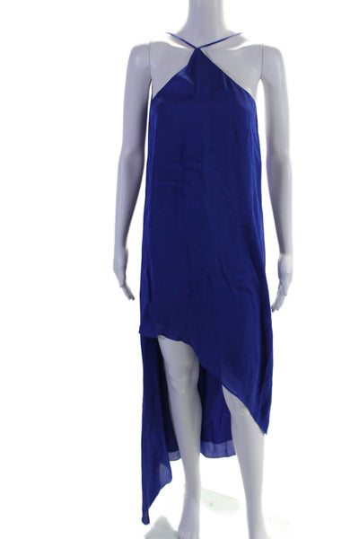 Mason Womens Textured Halter Top A-symmetric Sleek Long Dress Blue Size 8