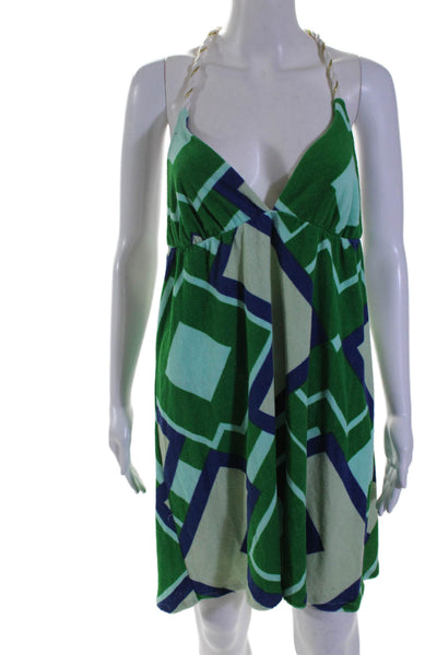 TBags Los Angeles Womens Green Terry Cotton Printed Halter Neck Dress Size L