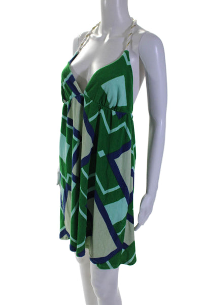 TBags Los Angeles Womens Green Terry Cotton Printed Halter Neck Dress Size L