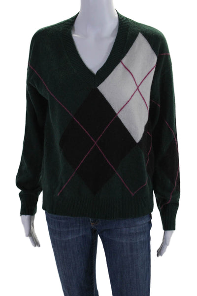 Minnie Rose Womens Cashmere Argyle V Neck Sweater Green Pink Size Medium