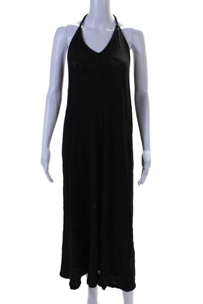 ATM Womens Cotton V Neck Halter Back Slit Maxi Dress Black Size S