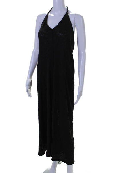 ATM Womens Cotton V Neck Halter Back Slit Maxi Dress Black Size S