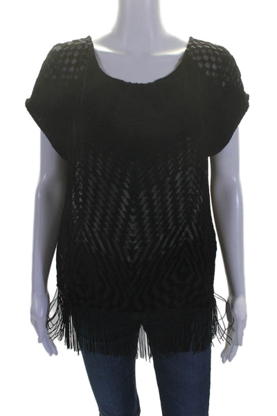 Ella Moss Womens Silk Blend Black Velvet Printed Fringe Blouse Top Size M