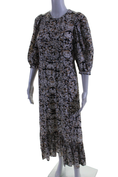 Sea Women's Round Neck Puff Sleeves Tiered Printed Maxi Dress Brown Size 2