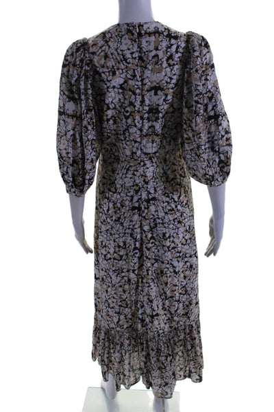 Sea Women's Round Neck Puff Sleeves Tiered Printed Maxi Dress Brown Size 2