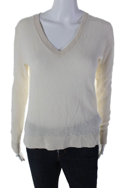 Theory Womens Cashmere Long Sleeve Ribbed Knit Basic Sweater Cream Size S