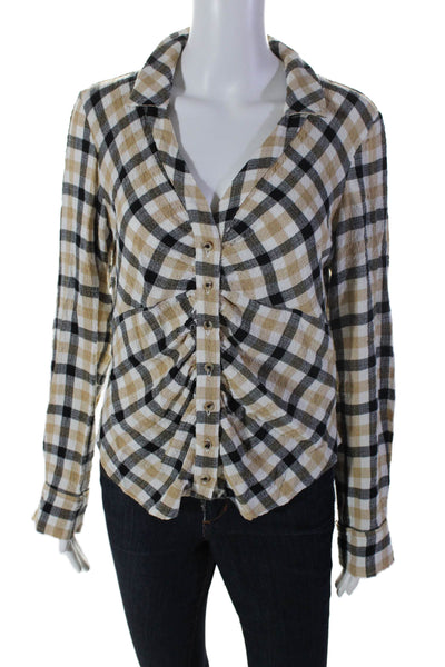 Pilcro and the Letterpress Anthropologie Womens Button Up Plaid Top Beige Size S