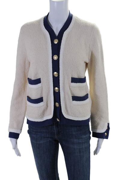 J Crew Womens Cotton White Blue V-neck Button Front Cardigan Sweater Top Size XS