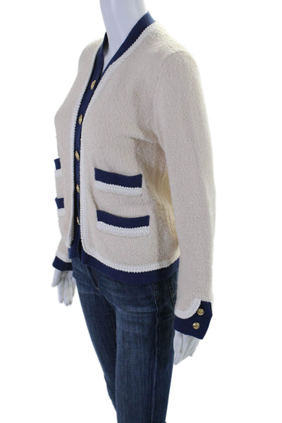 J Crew Womens Cotton White Blue V-neck Button Front Cardigan Sweater Top Size XS