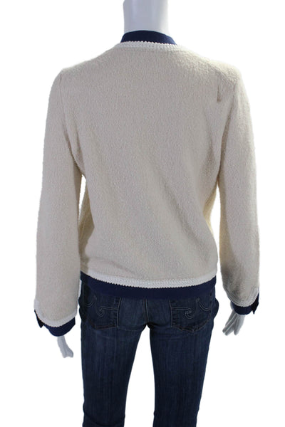 J Crew Womens Cotton White Blue V-neck Button Front Cardigan Sweater Top Size XS