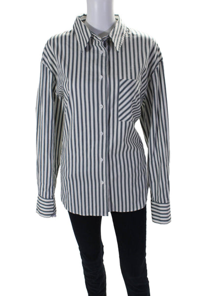 Reformation Womens Button Front Collared Striped Shirt White Blue Size Medium