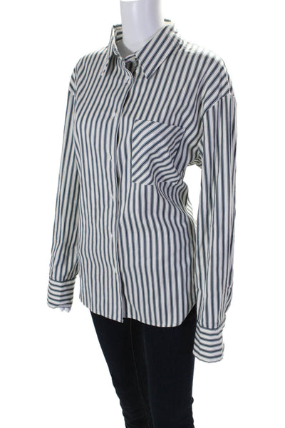 Reformation Womens Button Front Collared Striped Shirt White Blue Size Medium