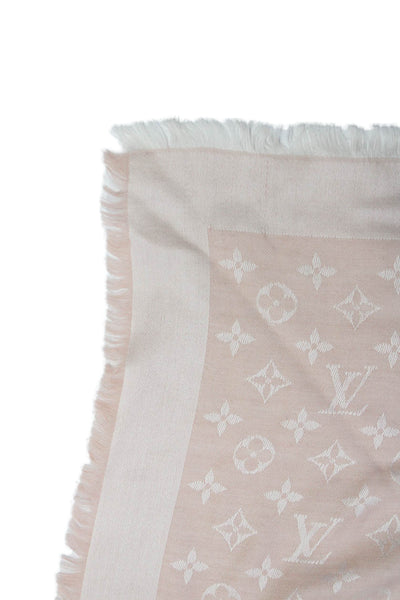 Louis Vuitton Womens Fringe Trim Monogram Silk Knit Scarf Pink 56"x56"