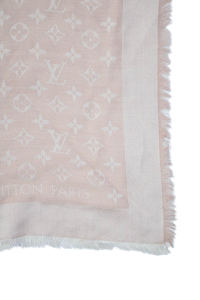 Louis Vuitton Womens Fringe Trim Monogram Silk Knit Scarf Pink 56"x56"