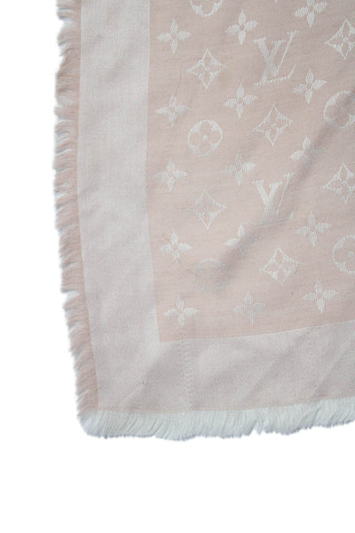 Louis Vuitton Womens Fringe Trim Monogram Silk Knit Scarf Pink 56"x56"