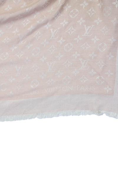 Louis Vuitton Womens Fringe Trim Monogram Silk Knit Scarf Pink 56"x56"