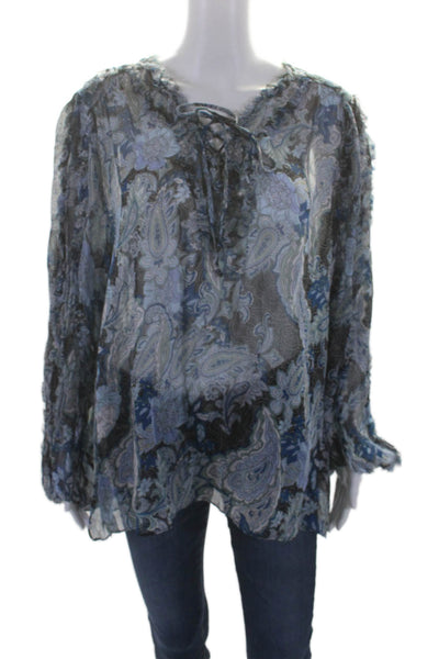 Kobi Halperin Womens Textured V-neck Long Sleeve Floral Blouse Blue Size XL