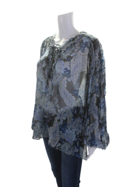 Kobi Halperin Womens Textured V-neck Long Sleeve Floral Blouse Blue Size XL