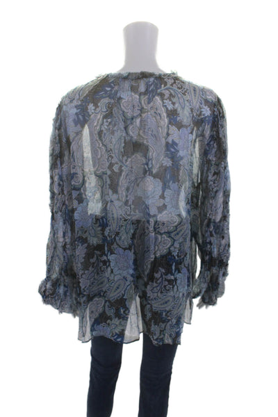 Kobi Halperin Womens Textured V-neck Long Sleeve Floral Blouse Blue Size XL