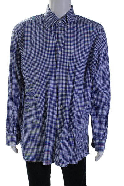 Canali Mens Plaid Button Down Dress Shirt Blue White Cotton Size Extra Large