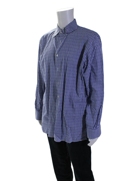 Canali Mens Plaid Button Down Dress Shirt Blue White Cotton Size Extra Large