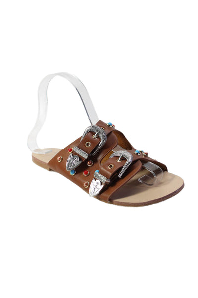 Exe Womens Leather Studded Silver Tone Buckle Slide On Sandals Brown Size 38 8