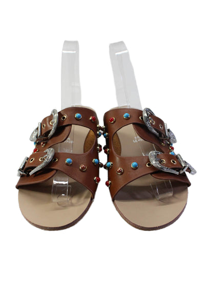 Exe Womens Leather Studded Silver Tone Buckle Slide On Sandals Brown Size 38 8