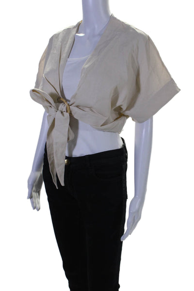 Just Bee Queen Linen Womens Tie Short Sleeve Blouse Beige Size S