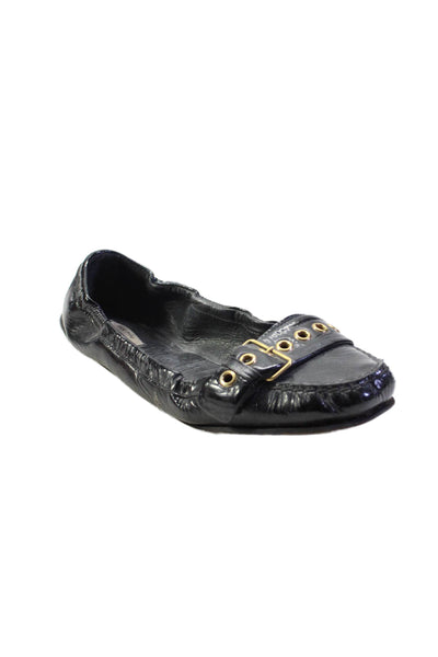 Miu Miu Womens Patent Leather Golde Tone Buckle Slide On Flats Black Size 38 8