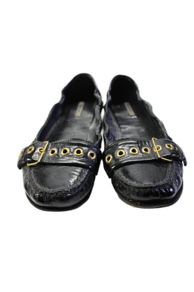 Miu Miu Womens Patent Leather Golde Tone Buckle Slide On Flats Black Size 38 8