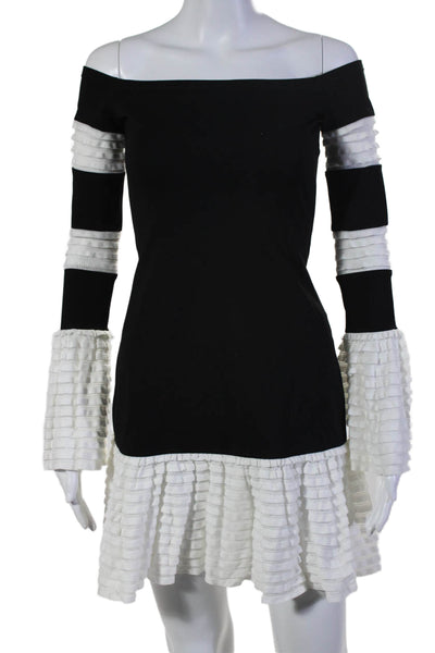 Alexis Womens 3/4 Sleeve Scoop Neck Tiered Mini Dress Black White Size XS