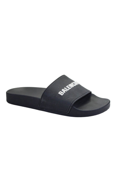 Balenciaga Womens Single Strap Logo Rubber Slide Sandals Black White Size 7