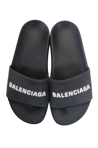 Balenciaga Womens Single Strap Logo Rubber Slide Sandals Black White Size 7