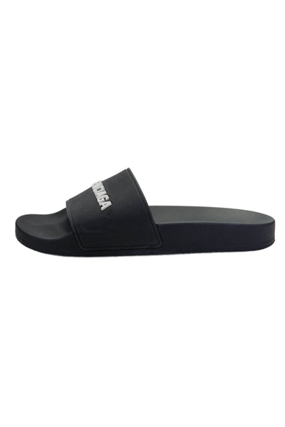 Balenciaga Womens Single Strap Logo Rubber Slide Sandals Black White Size 7