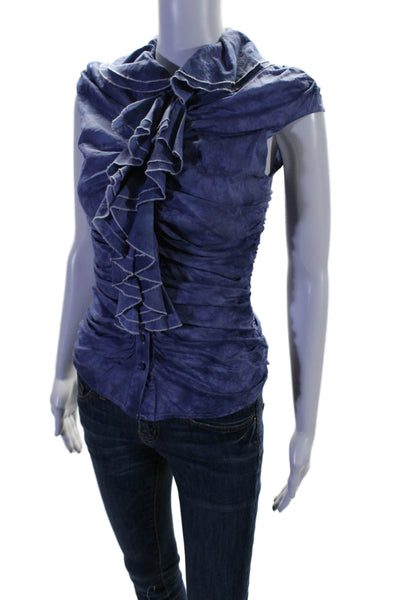 Catherine Malandrino Womens Cotton Sleeveless Ruffle Front Blouse Blue Size 2