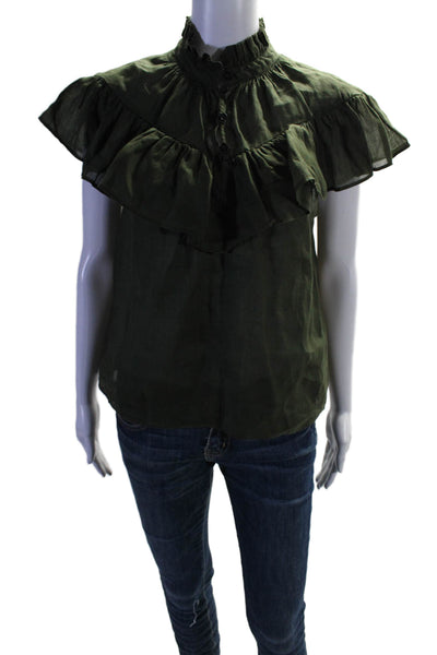 Frame Womens Textured Short Sleeve High Neck Ruffle Button Blouse Green Size S