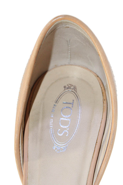 Tods Womens Leather Square Toe Slip On Flats Beige Size 39 9