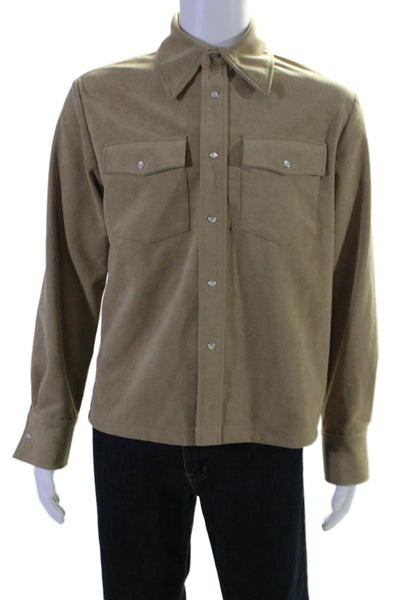 Sefr Men's Collared Long Sleeves Patch Pockets Faux Suede Jacket Beige Size M