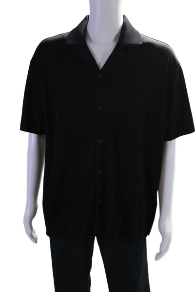 Reiss Mens Ribbed Short Sleeve Buttoned Collared Shirt Dark Blue Size L