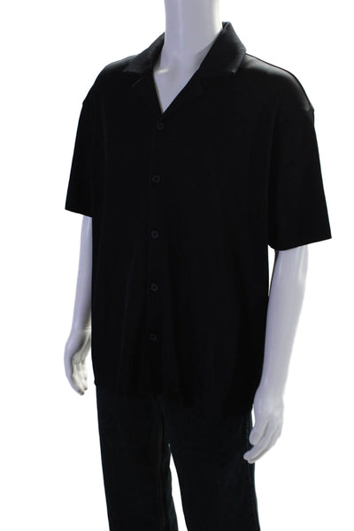 Reiss Mens Ribbed Short Sleeve Buttoned Collared Shirt Dark Blue Size L