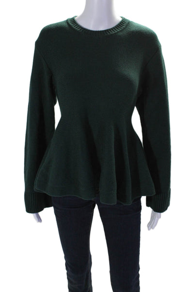 Adeam Womens Cotton Blend Dark Green Crew Neck Peplum Sweater Top Size S