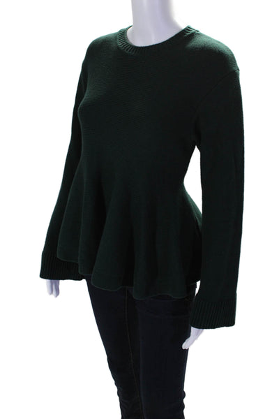 Adeam Womens Cotton Blend Dark Green Crew Neck Peplum Sweater Top Size S