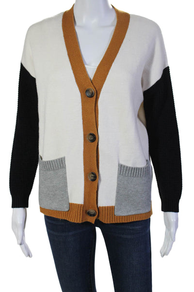 Maude Vivante Womens Button Front Colorblock Cardigan Sweater White Brown Small