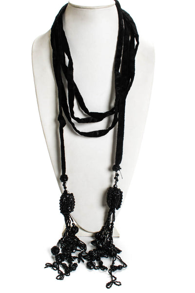 Etro Womens Black Velvet Beaded Tassel Extra Long Scarf Necklace 130"