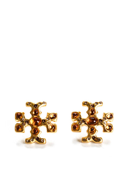 Tory Burch Womens Gold Tone Rhinestone Roxanne Stud Earrings