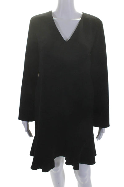 Tara Jarmon Womens Ruffle Trim V-Neck Long Sleeve Pullover Dress Black Size 40