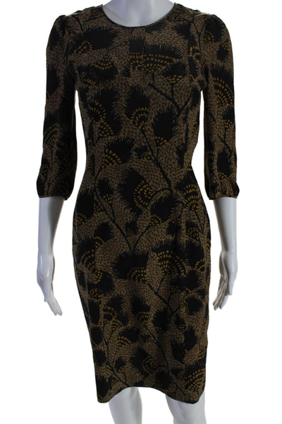 Burberry London Womens Silk Brown Printed Crew Neck 3/4 Sleeve Shift Dress Size2